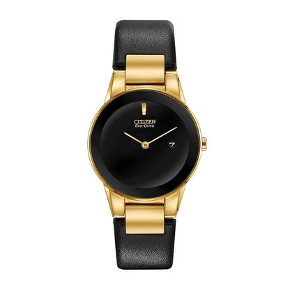 Citizen Ladies' Axiom Eco-Drive Gold-Tone Stainless Steel Watch with Black Leather Strap