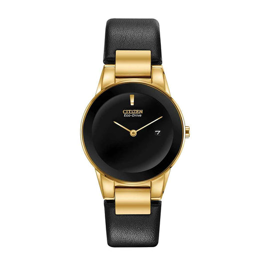 Citizen Ladies' Axiom Eco-Drive Gold-Tone Stainless Steel Watch with Black Leather Strap