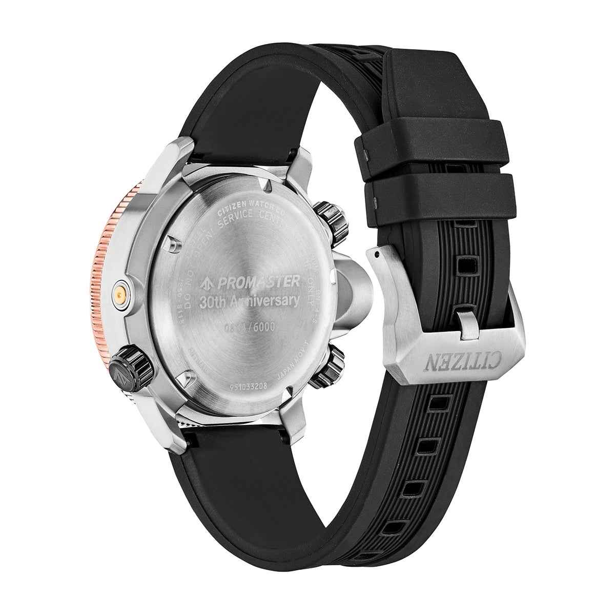 Citizen Ladies' Promaster Aqualand Two-Tone Stainless Steel Watch with Black Dial & Black Polyurethane Strap close-up detail