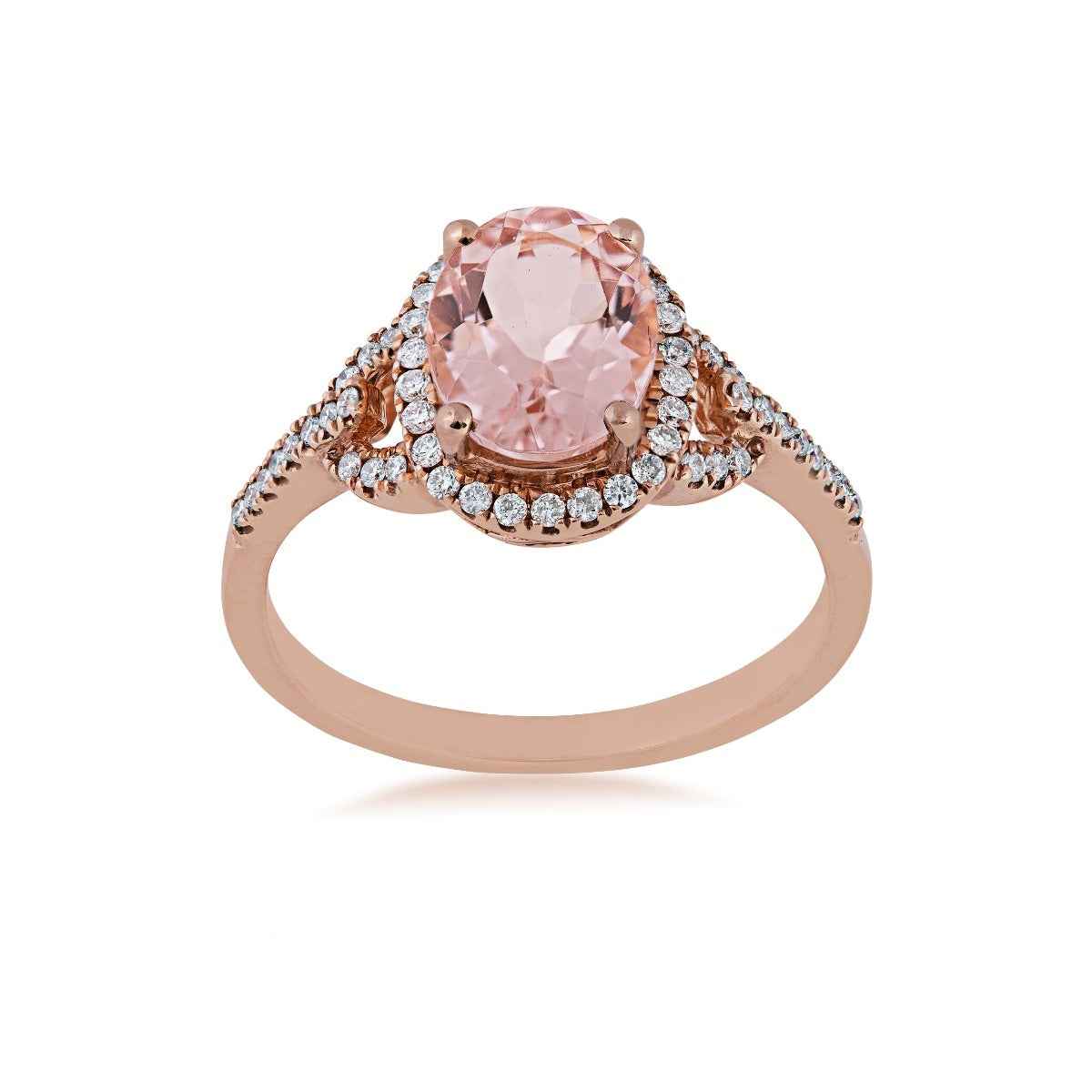 Oval Morganite Ring with 1/4 ct. tw. Diamond Halo and Band in 10K Pink Gold