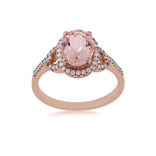 Oval Morganite Ring with 1/4 ct. tw. Diamond Halo and Band in 10K Pink Gold