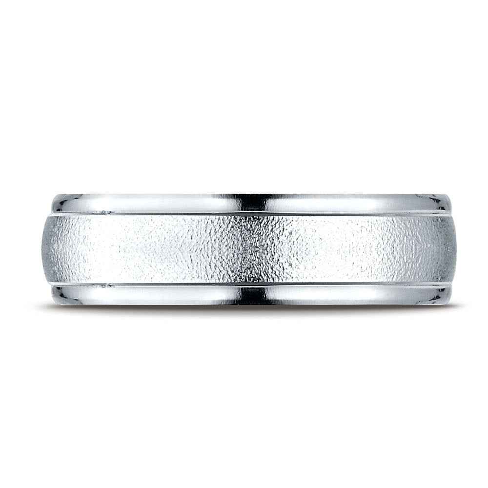 Benchmark Men's Wedding Band with Wire Brush Center and Satin Finish in 10K White Gold