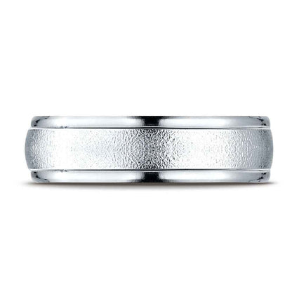 Benchmark Men's Wedding Band with Wire Brush Center and Satin Finish in 10K White Gold
