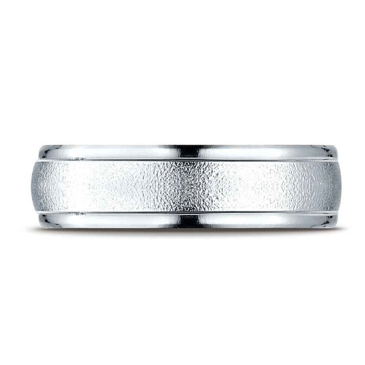Benchmark Men's Wedding Band with Wire Brush Center and Satin Finish in 10K White Gold