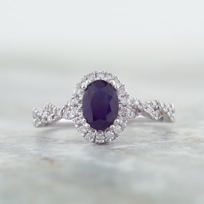 Genuine Oval Blue Sapphire Fashion Ring with 1/3 ct. tw. Diamond Halo & Twist Band in 10K White Gold close-up detail