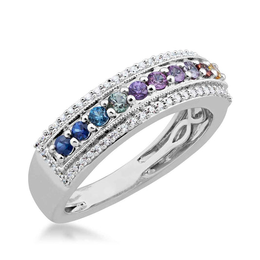 Round Multicolor Sapphire & 1/7 ct. tw. Diamond Ring in 10K White Gold front view