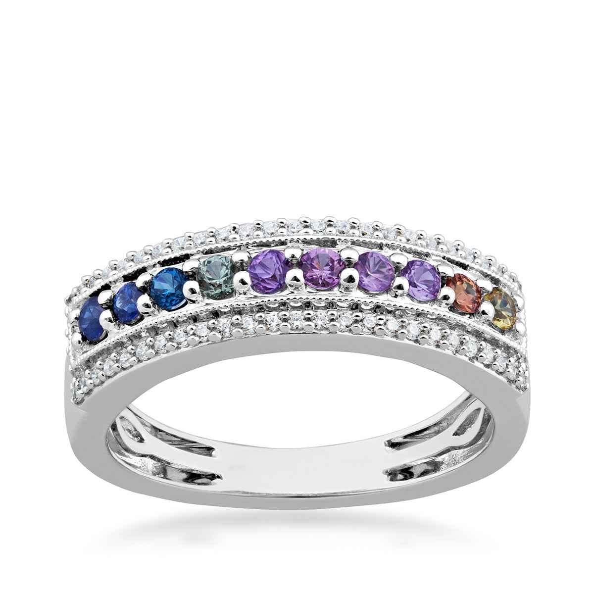 Round Multicolor Sapphire & 1/7 ct. tw. Diamond Ring in 10K White Gold