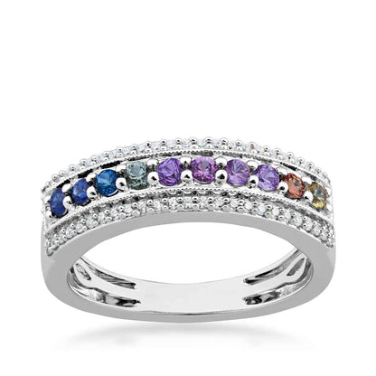 Round Multicolor Sapphire & 1/7 ct. tw. Diamond Ring in 10K White Gold