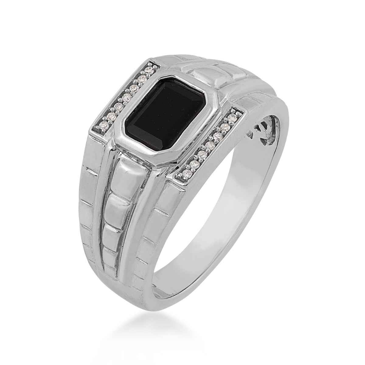 Men's Genuine Black Onyx & .06 ct. tw. Diamond Accented Ring in Sterling Silver front view