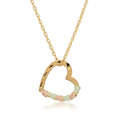 Black Hills Gold Diamond Cut Green & Pink Leaf Heart Pendant in 10K Yellow Gold