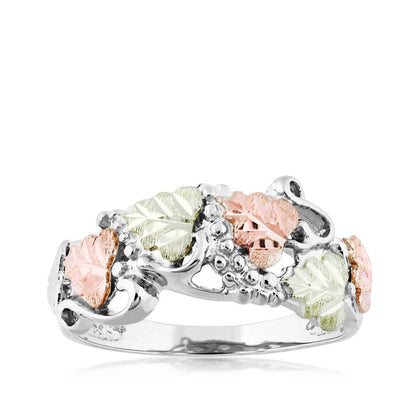 Black Hills Gold Pink & Green Leaf Grapevine Ring in Sterling Silver