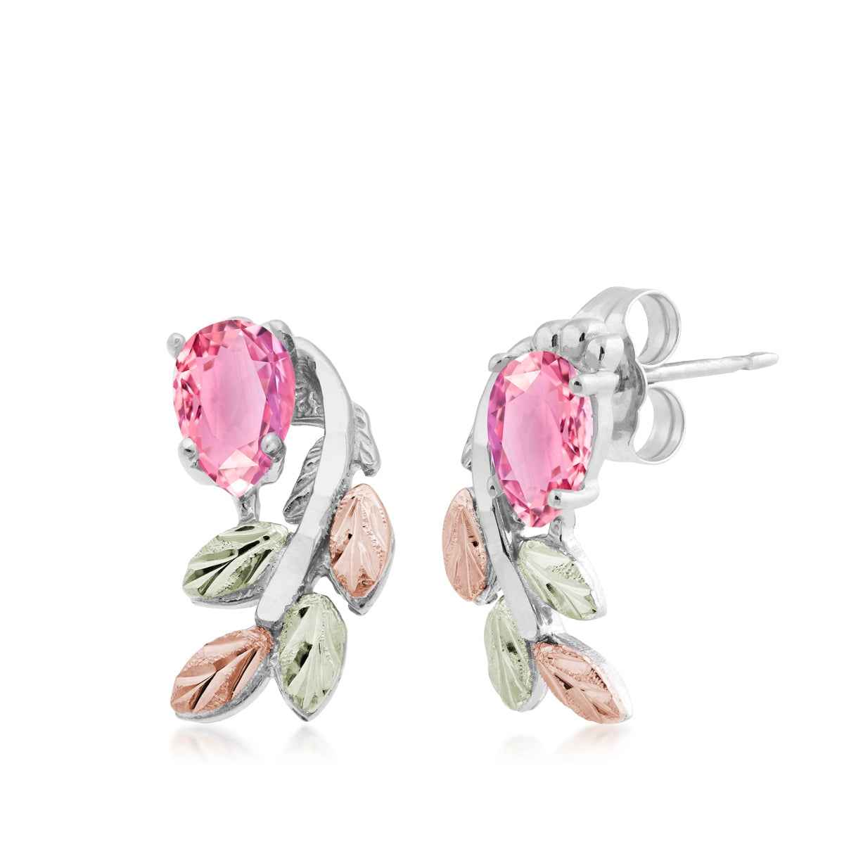 Black Hills Gold Pear Pink Cubic Zirconia Hanging Vine Earrings in Sterling Silver