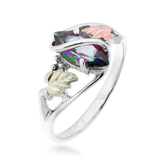 Black Hills Gold Marquise Mystic Fire Topaz Double Leaf & Grapevine Ring in Sterling Silver front view