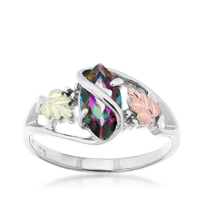 Black Hills Gold Marquise Mystic Fire Topaz Double Leaf & Grapevine Ring in Sterling Silver