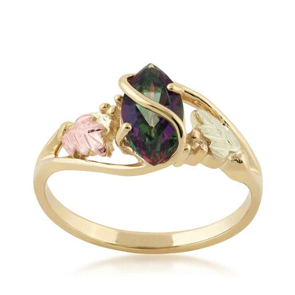 Black Hills Gold Marquise Mystic Fire Topaz Double Leaf & Grapevine Ring in 10K Yellow Gold