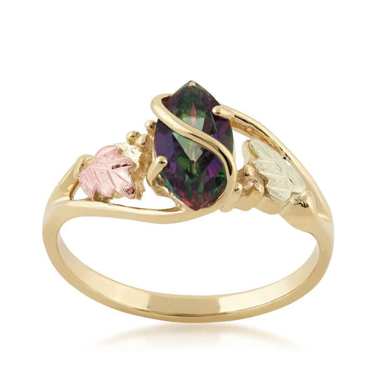 Black Hills Gold Marquise Mystic Fire Topaz Double Leaf & Grapevine Ring in 10K Yellow Gold