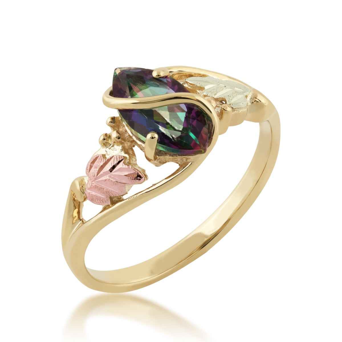 Black Hills Gold Marquise Mystic Fire Topaz Double Leaf & Grapevine Ring in 10K Yellow Gold front view