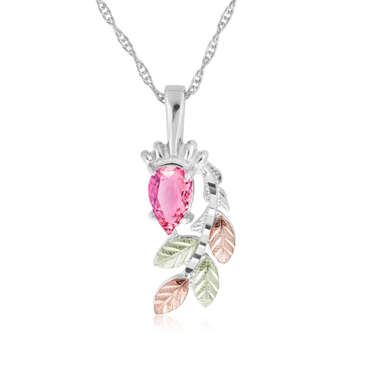 Black Hills Gold Pear Pink Cubic Zirconia Hanging Vine Pendant in Sterling Silver