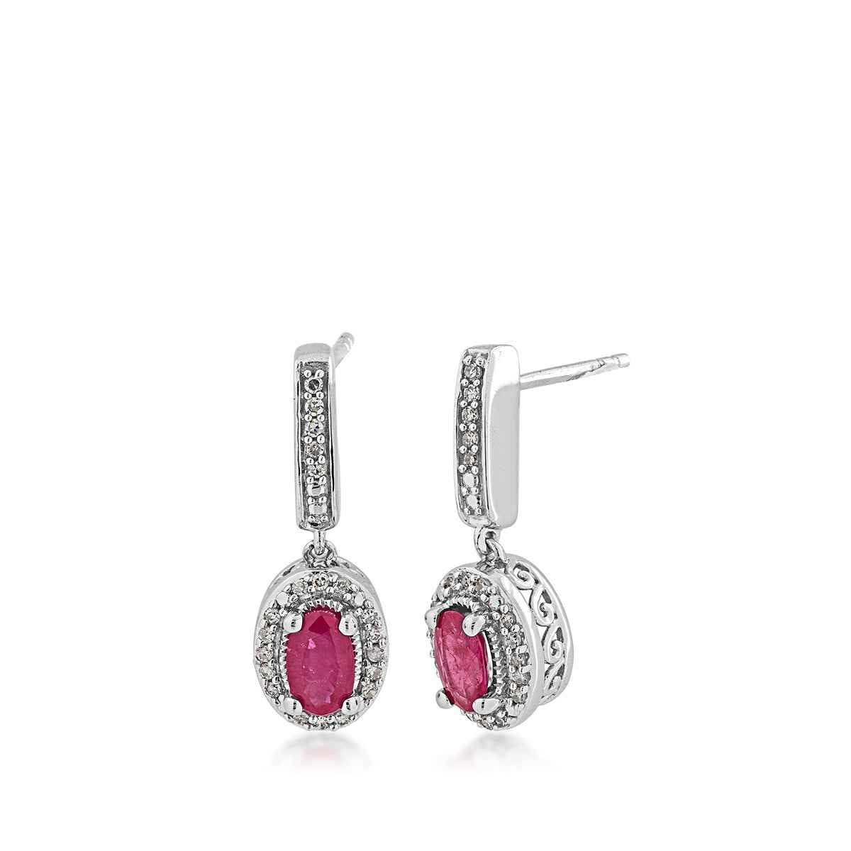 Genuine Oval Ruby Fashion Earrings with 1/10 ct. tw. Diamond Halo & Bail with Milgrain Edging in 10K White Gold