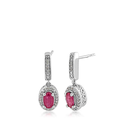Genuine Oval Ruby Fashion Earrings with 1/10 ct. tw. Diamond Halo & Bail with Milgrain Edging in 10K White Gold