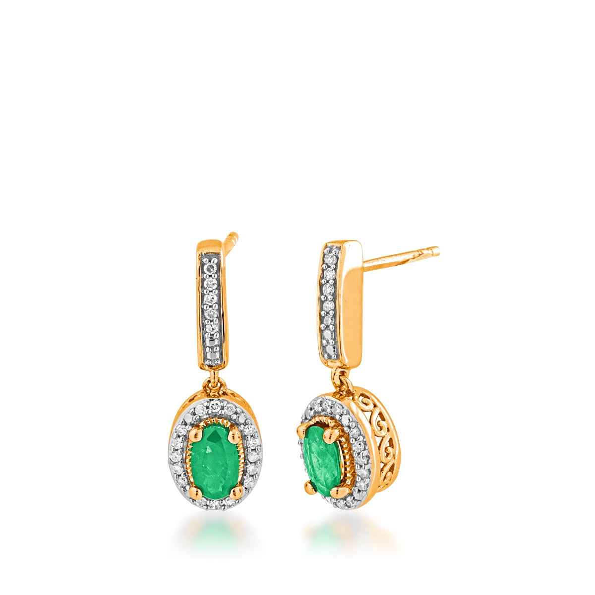 Green Oval Emerald and 1/10 ct. tw. Diamond Halo Earrings with Filigree Design in 10K Yellow Gold