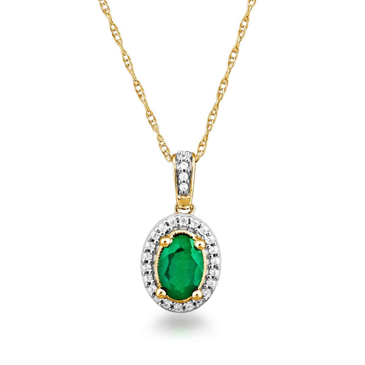 Green Oval Emerald and .08 ct. tw. Diamond Halo Pendant with Milgrain and Filigree Design in 10K Yellow Gold