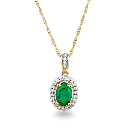 Green Oval Emerald and .08 ct. tw. Diamond Halo Pendant with Milgrain and Filigree Design in 10K Yellow Gold
