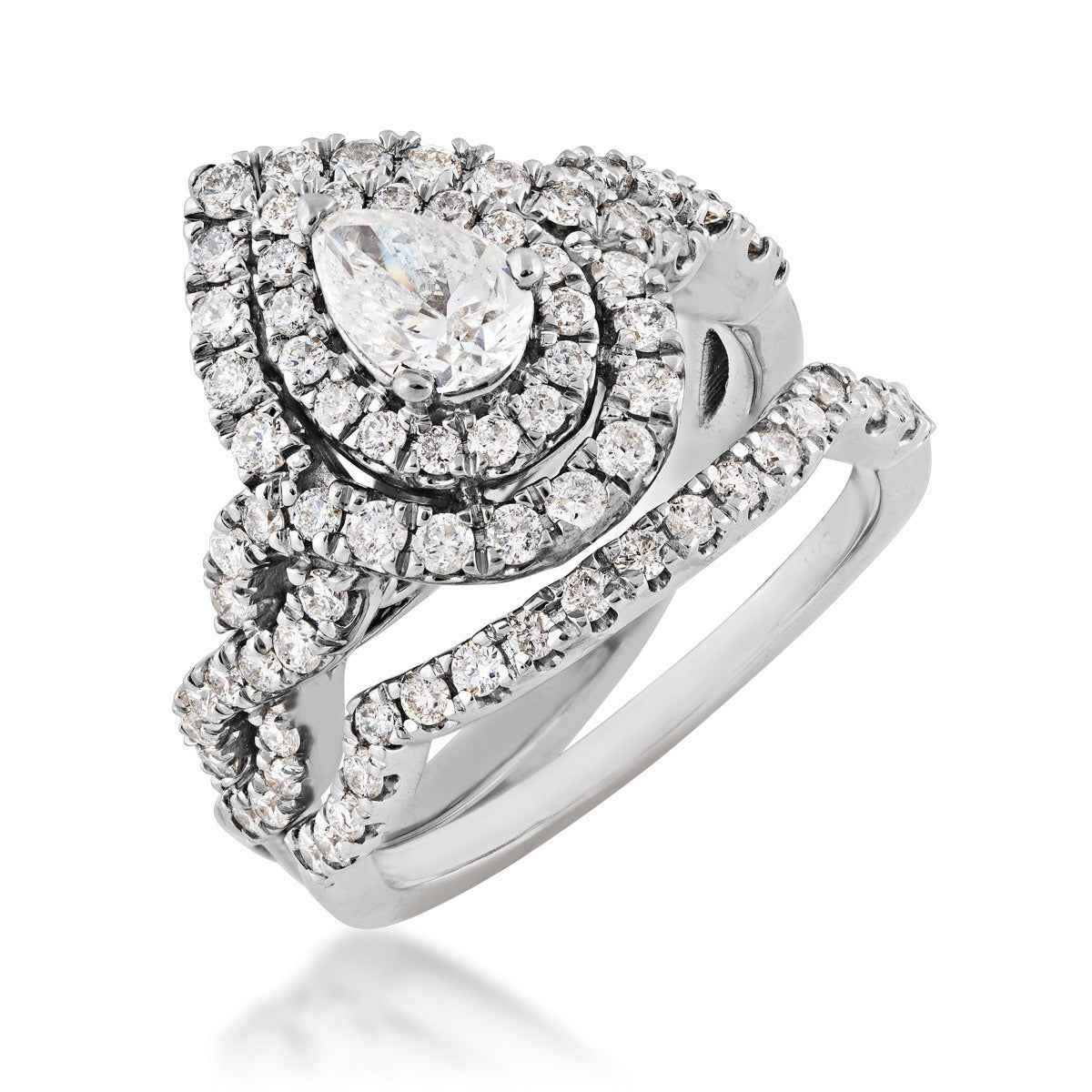 Amaura 1-1/2 ct. tw. Pear Diamond Double Halo Infinity Band Wedding Set in 14K White Gold close-up detail