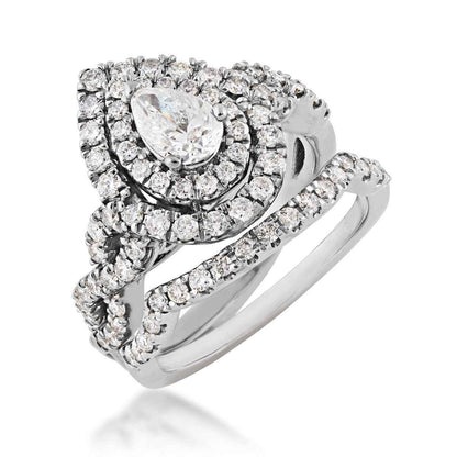 Amaura 1-1/2 ct. tw. Pear Diamond Double Halo Infinity Band Wedding Set in 14K White Gold close-up detail