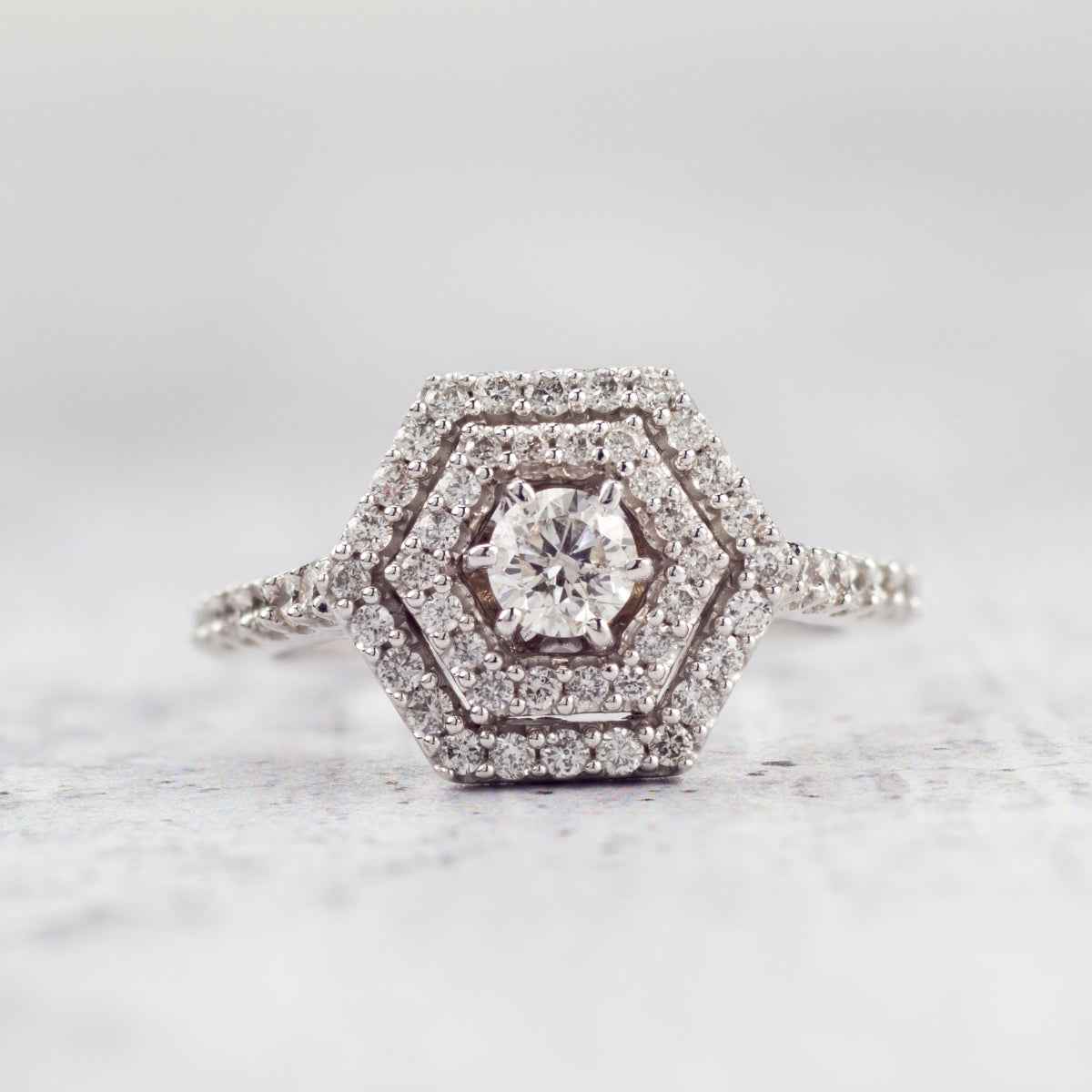 Amaura 9/10 ct. tw. Round Brilliant Engagement Ring with Double Hexagon Halo in 14K White Gold side profile