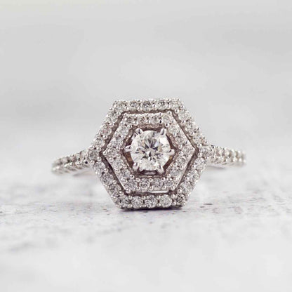 Amaura 9/10 ct. tw. Round Brilliant Engagement Ring with Double Hexagon Halo in 14K White Gold side profile