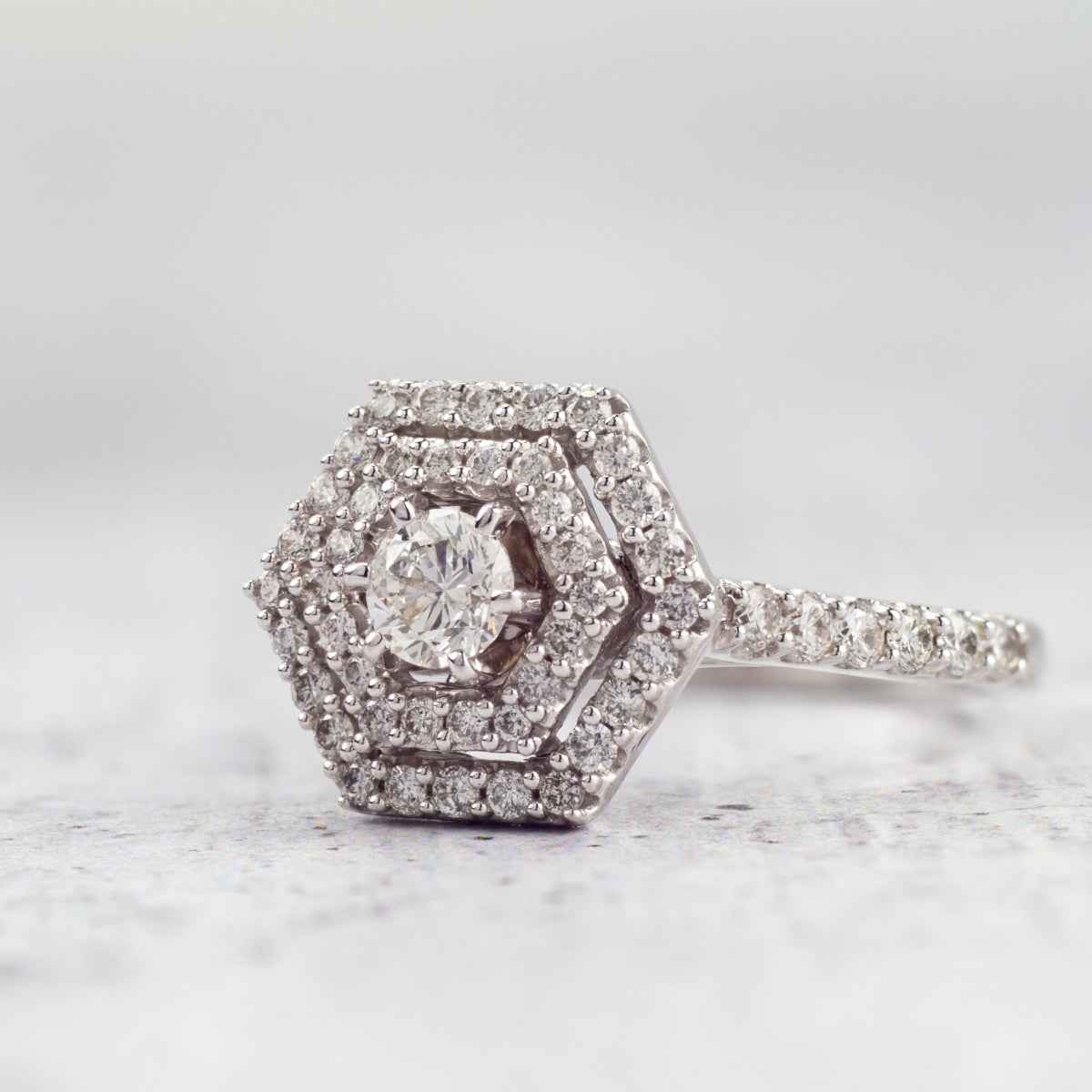 Amaura 9/10 ct. tw. Round Brilliant Engagement Ring with Double Hexagon Halo in 14K White Gold full view