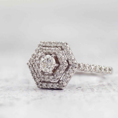 Amaura 9/10 ct. tw. Round Brilliant Engagement Ring with Double Hexagon Halo in 14K White Gold full view