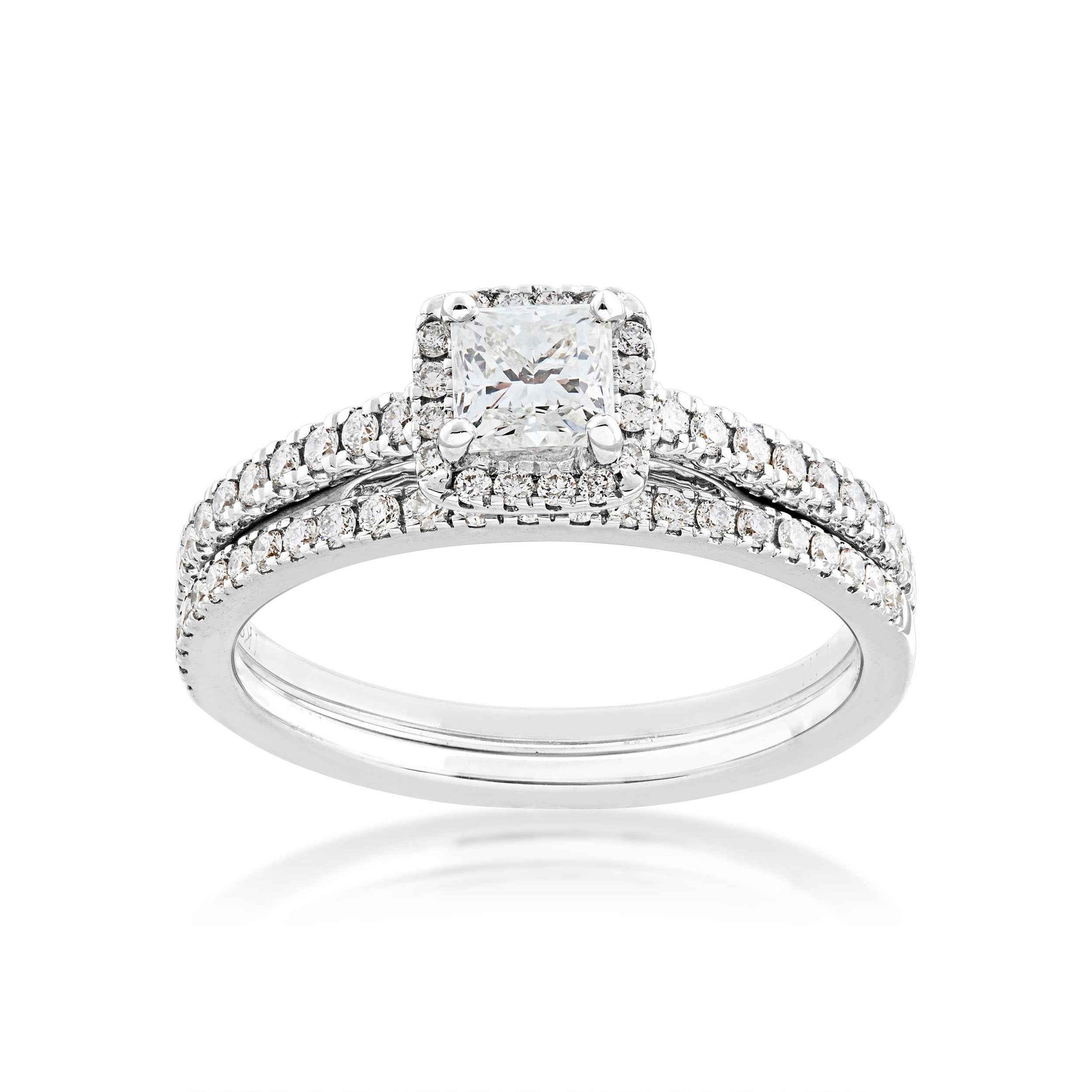 Noventa 7/8 ct. tw. Princess Cut Diamond Halo Wedding Set in 14K White Gold