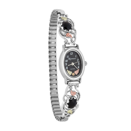 Black Hills Gold Ladies' Quartz Sterling Silver Watch with Black Oval Dial & Onyx Accented Vine Band