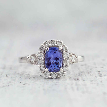 Kallati Cushion Tanzanite & 3/8 ct. tw. Diamond Halo Ring with Milgrain Detailing in 14K White Gold front view