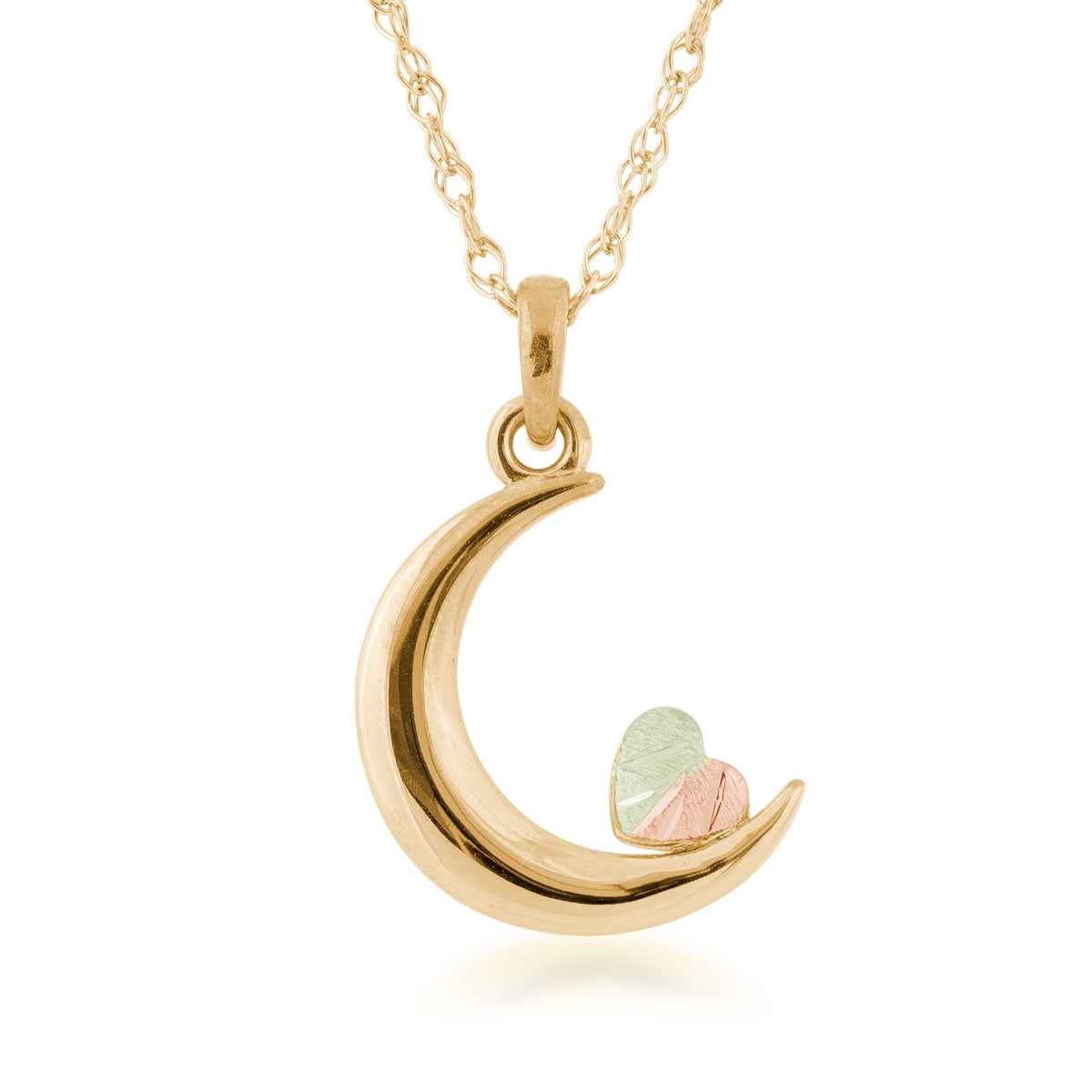 Black Hills Gold Crescent Moon Pendant with Pink & Green Heart Leaf in 10K Yellow Gold