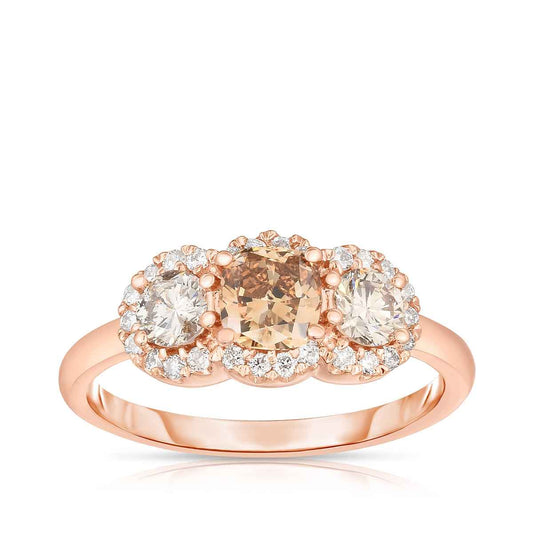 Mocha Lux 1 ct. tw. 3-Stone Mocha Diamond Anniversary Ring with White Diamond Halos in 14K Pink Gold