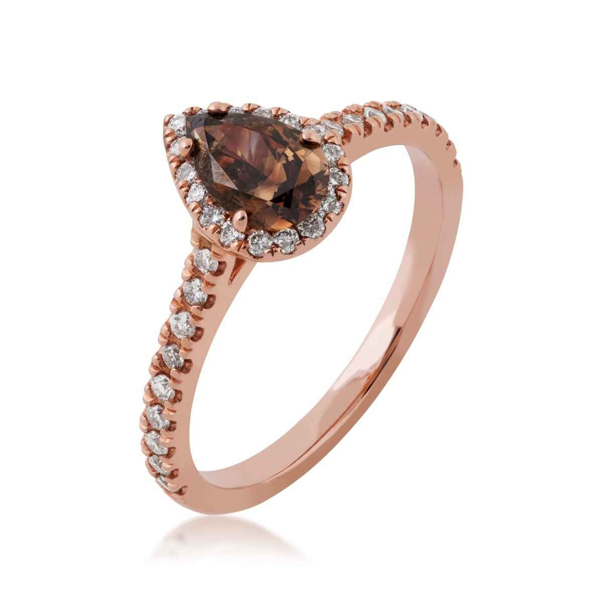 Mocha Lux 1/2 ct. Pear Mocha Diamond Engagement Ring with 1/4 ct. White Diamond Halo & Band in 14K Pink Gold front view