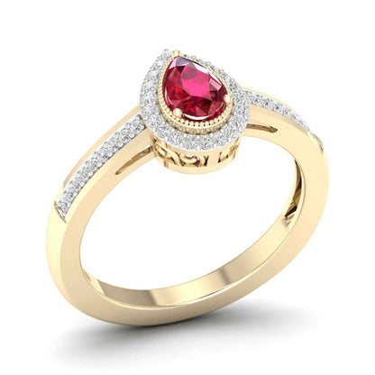 Red Pear-Shaped Ruby and 1/8 ct. tw. Diamond Halo Ring with Milgrain and Filigree Design in 10K Yellow Gold side profile