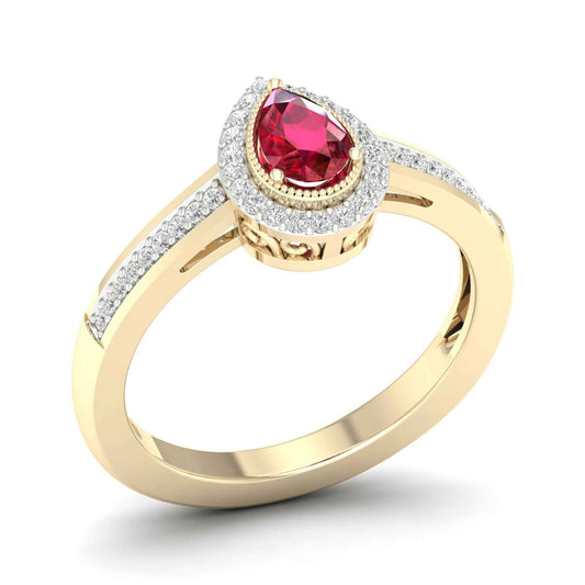 Red Pear-Shaped Ruby and 1/8 ct. tw. Diamond Halo Ring with Milgrain and Filigree Design in 10K Yellow Gold side profile