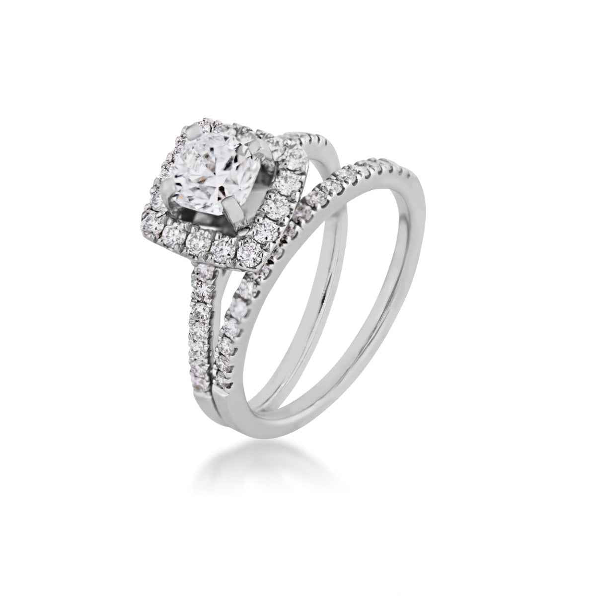 Natural 1-5/8 ct. tw. Cushion Diamond Halo Wedding Set in 14K White Gold close-up detail