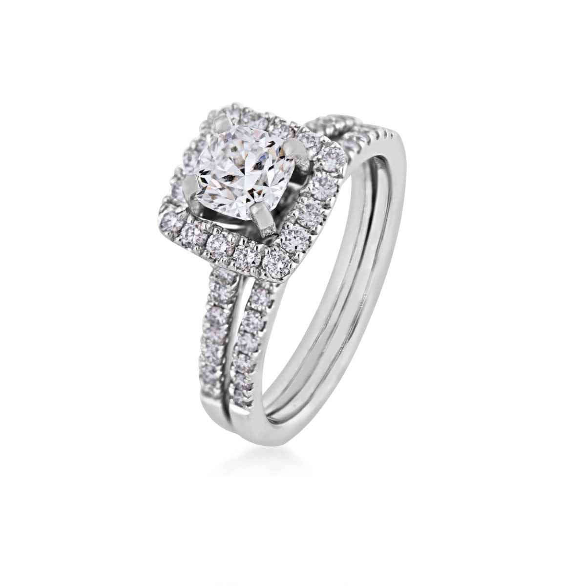 Natural 1-5/8 ct. tw. Cushion Diamond Halo Wedding Set in 14K White Gold front view
