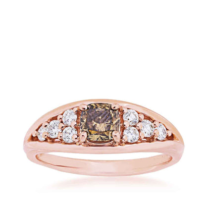 Mocha Lux 3/4 ct. tw. Cushion Cut Mocha Diamond and White Diamond Accented Anniversary Ring in 14K Pink Gold