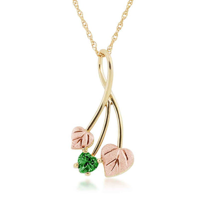 Black Hills Gold Heart Green Helenite & Double Pink Leaf Pendant in 10K Yellow Gold
