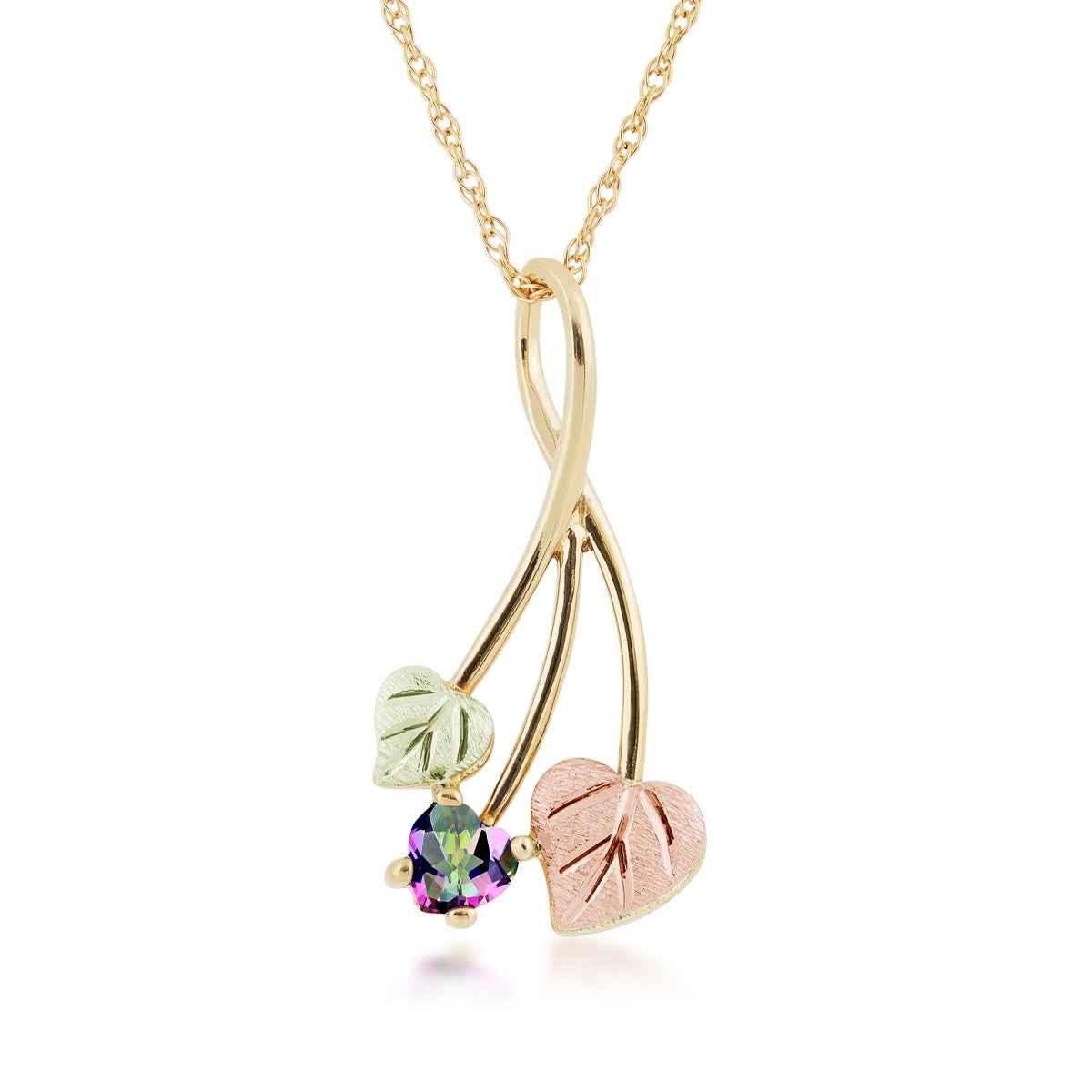 Black Hills Gold Heart Mystic Fire Topaz & Double Leaf Pendant in 10K Yellow Gold