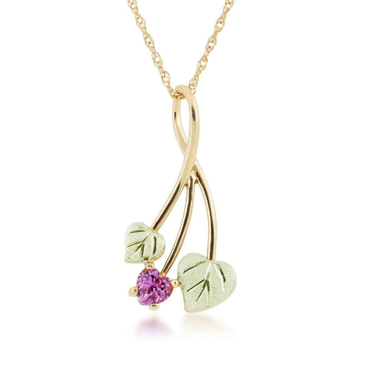 Black Hills Gold Created Heart Pink Sapphire & Double Green Leaf Pendant in 10K Yellow Gold
