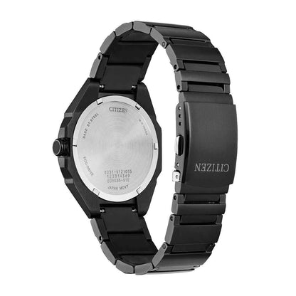 Citizen Men's Drive Eco-Drive Black Stainless Steel Watch with Black Dial close-up detail