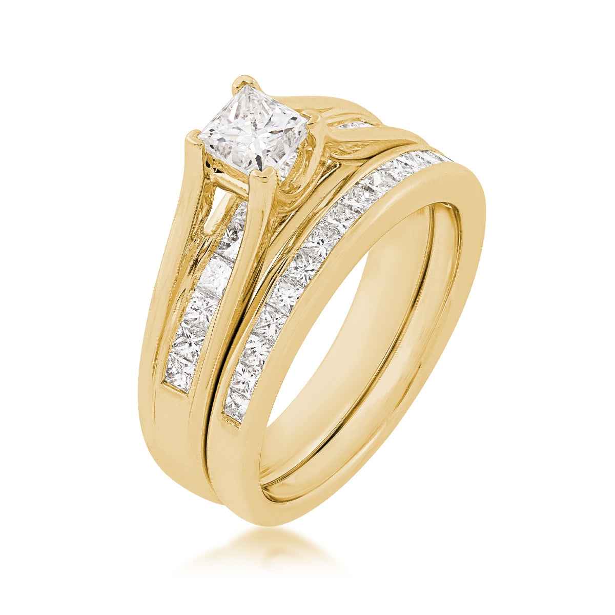 Natural 1-1/2 ct. tw. Princess Cut Diamond Channel Wedding Set in 14K Yellow Gold front view