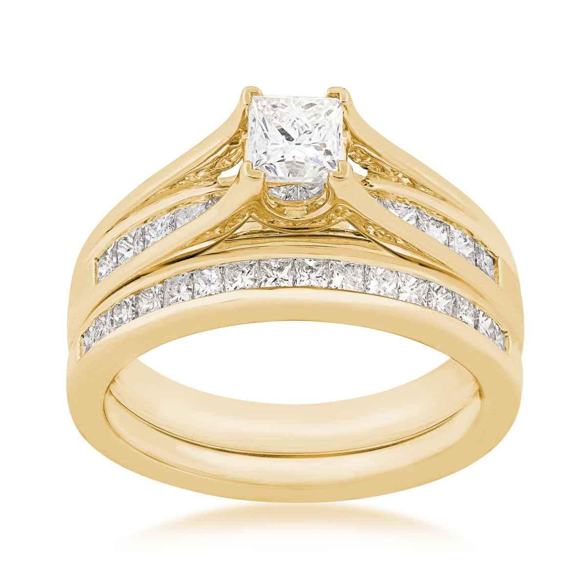 Natural 1-1/2 ct. tw. Princess Cut Diamond Channel Wedding Set in 14K Yellow Gold